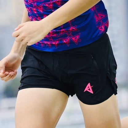 AKIV 2-in-1 Trail Running Shorts Pink Logo Unisex | Inner Tight | Black