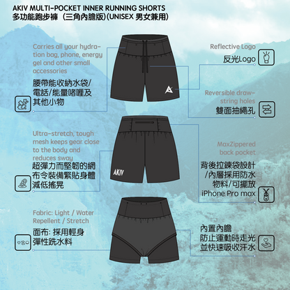 AKIV Multi-Pocket Running Shorts Unisex | Triangular inner | Black
AKIV 多功能路跑2”褲男女款 | 三角內膽版 | 黑色